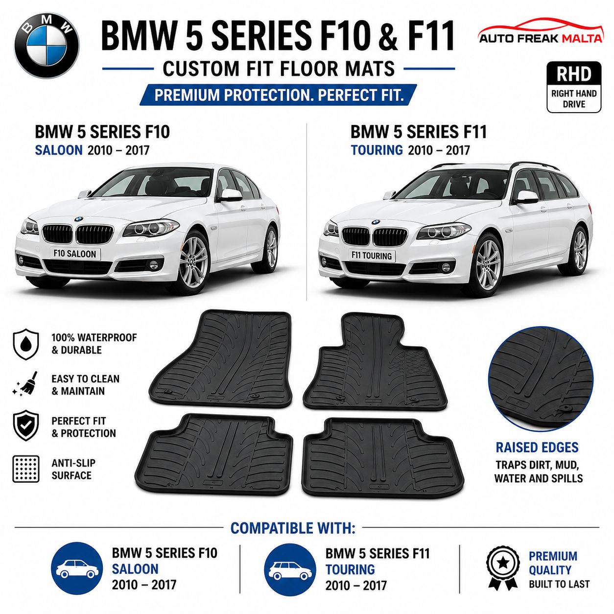 BMW 5 Series F10 Saloon (2010–2017) &amp; F11 Touring (2010–2017) Custom Floor Mats