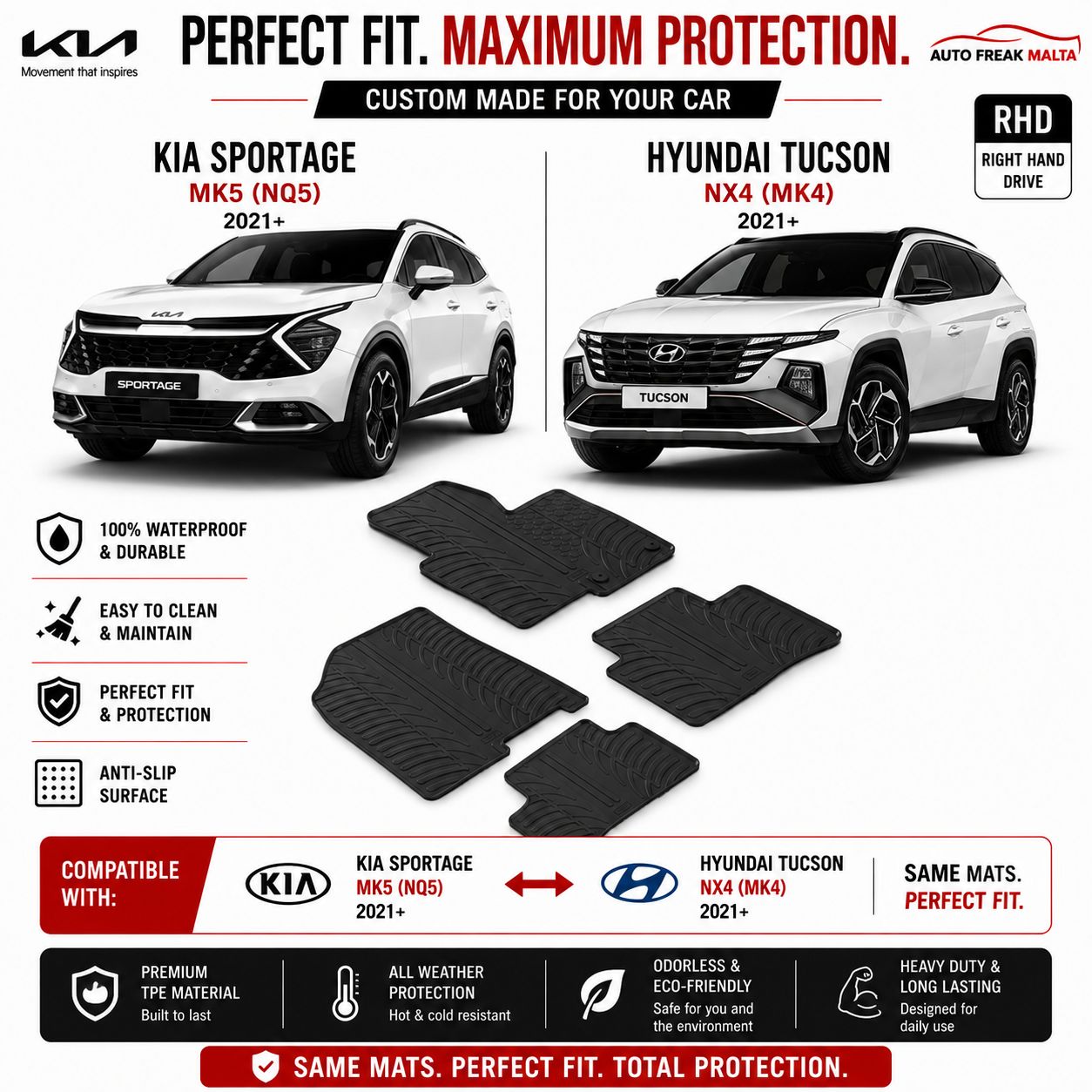 Hyundai Tucson NX4 (2021+) &amp; Kia Sportage MK5 (NQ5) Custom Fit Rubber Floor Mats –