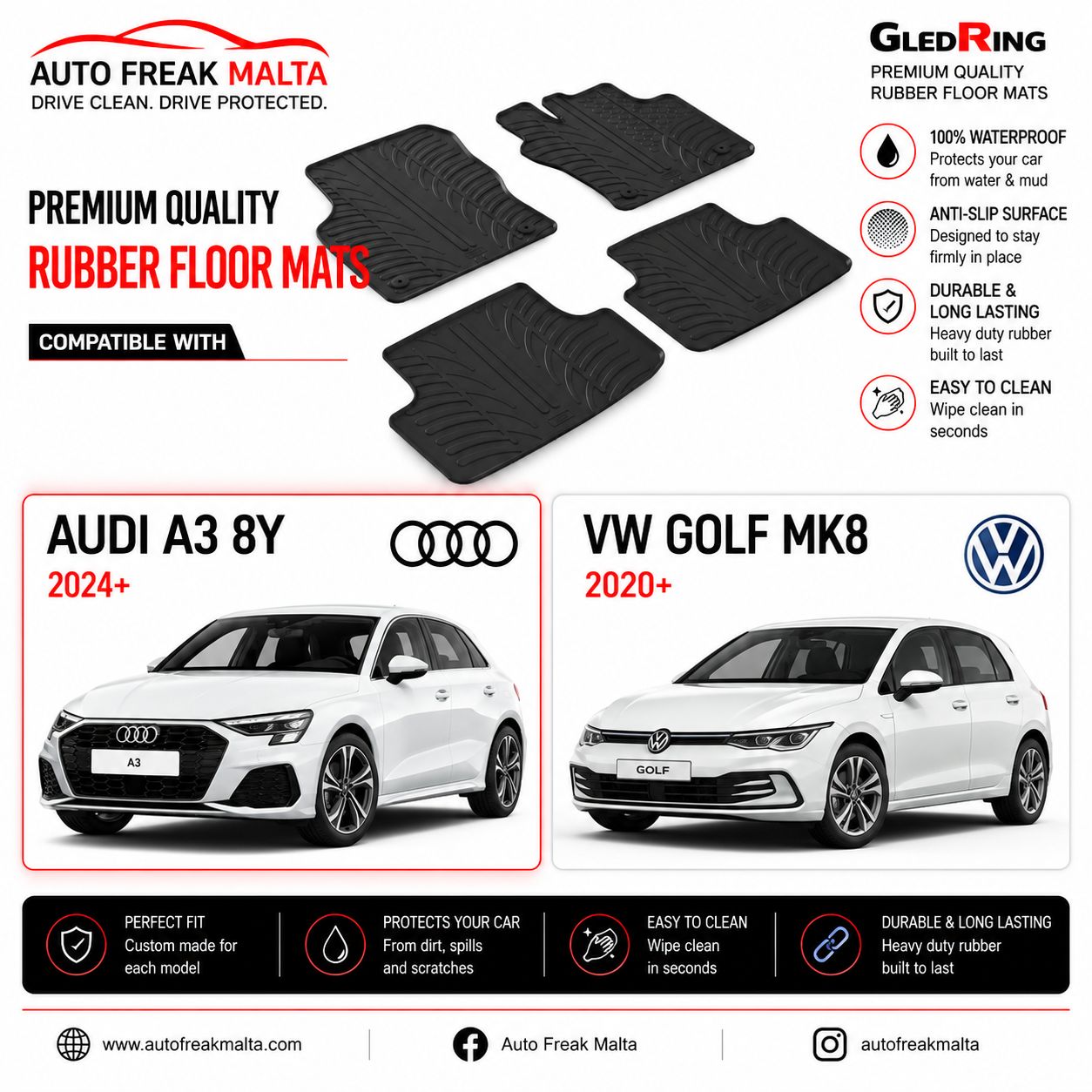 Audi A3 8Y (2024+) / VW Golf Mk8 (2020+) Custom Rubber Floor Mats