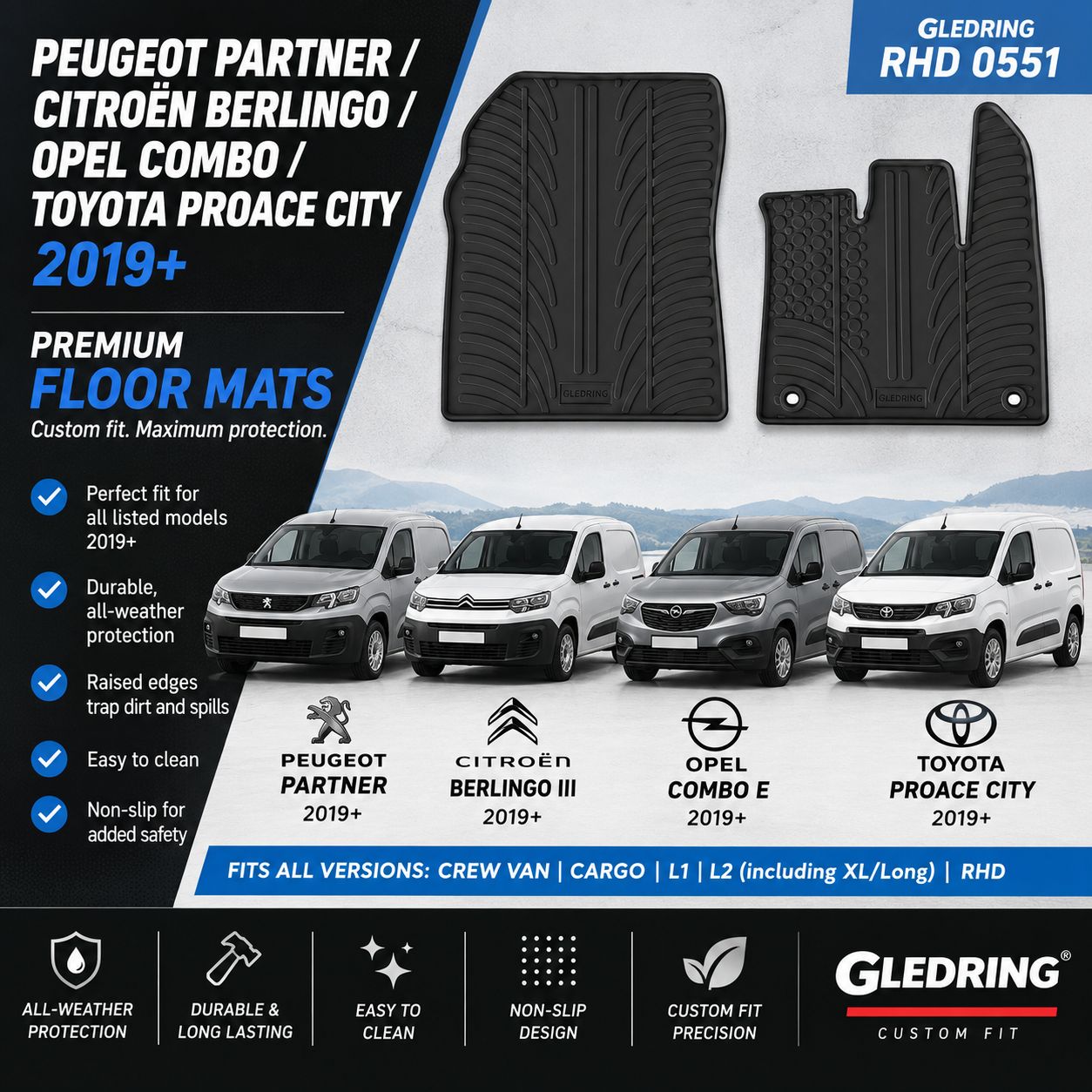 Opel Combo E / Toyota Proace City / Peugeot Rifter &amp; Partner / Citroën Berlingo III – 2019+ Cargo XL/L2 RHD – Gledring RHD 0551
