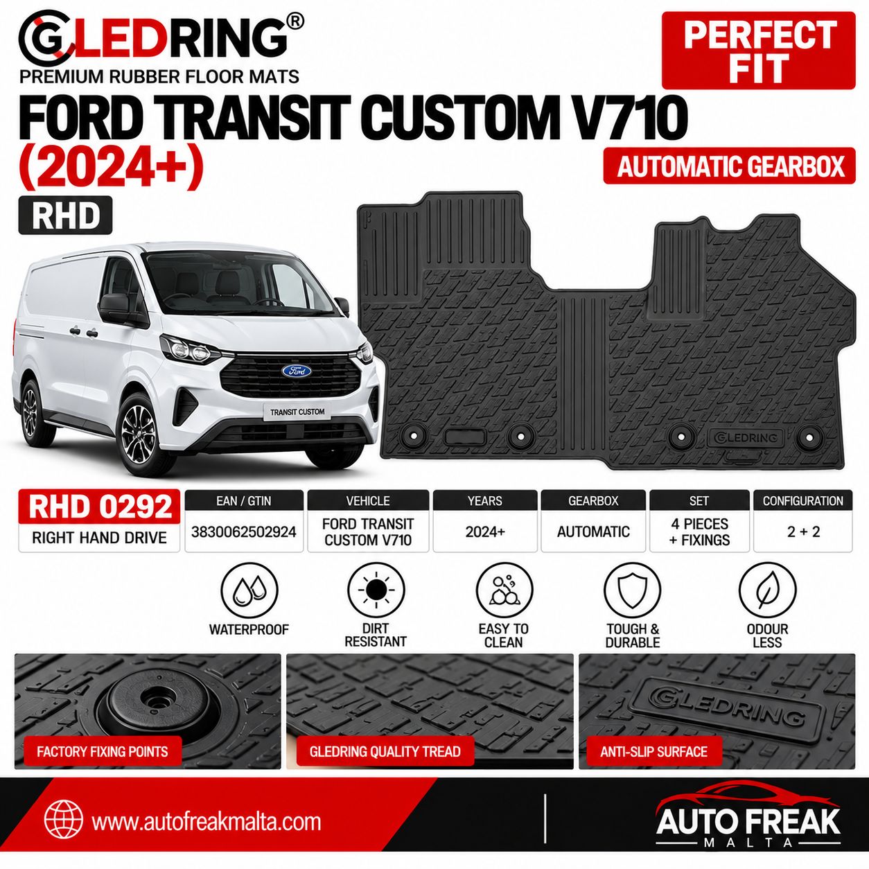 Gledring RHD 0292 Ford Transit Custom V710 Rubber Floor Mats 2024+ – Automatic – 3pc