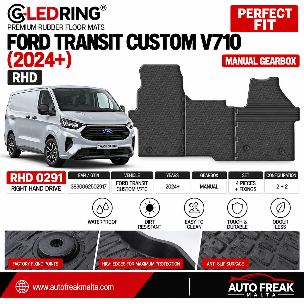 Gledring RHD 0291 Ford Transit Custom V710 Rubber Floor Mats 2024+ – Manual – 3pc