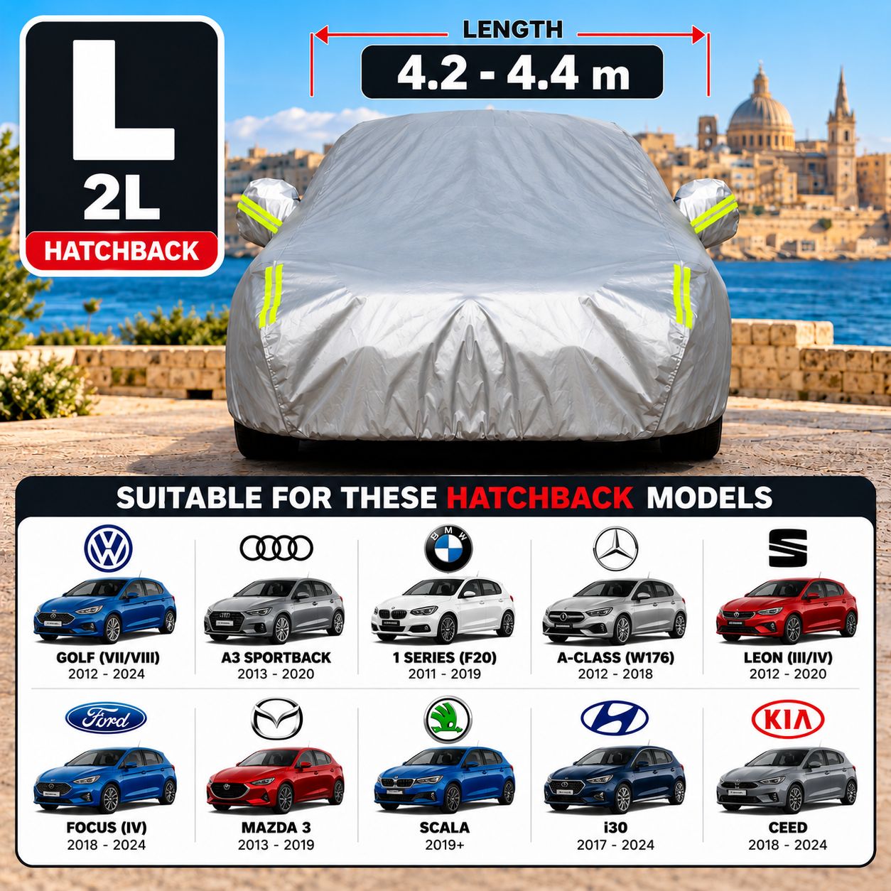 ⚫ Large (L / 2L) Outdoor Car Cover – Large (L/2L) | Hatchback 4.2–4.4m | Waterproof Protection