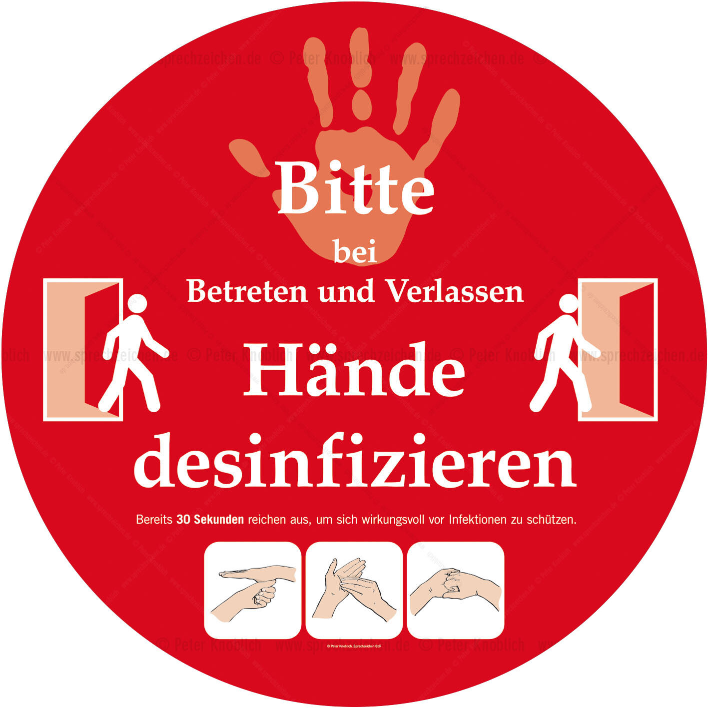 Hinweis-Schild Hände-Desinfektion RUND aus Aludibond