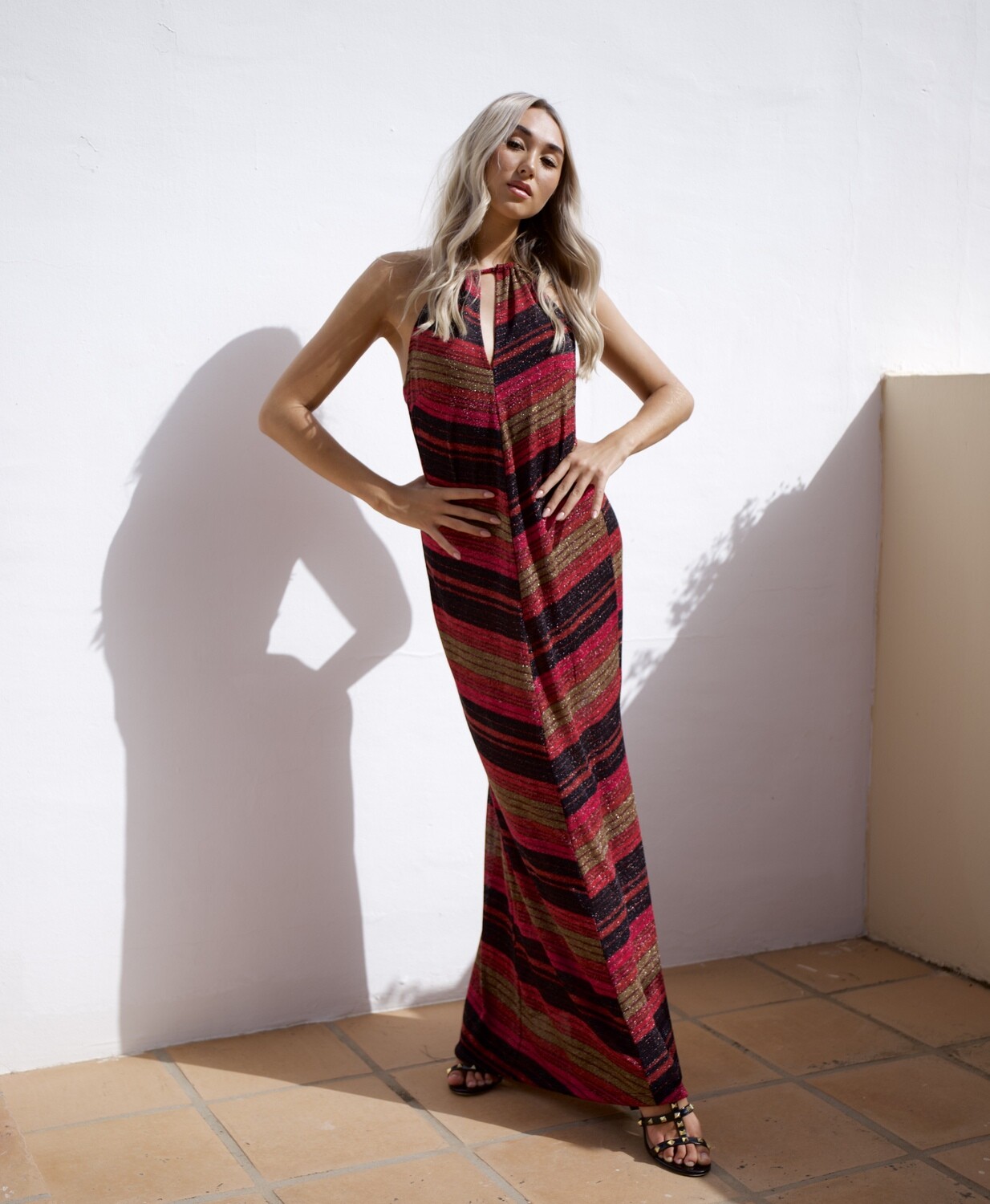 Sirena🧜‍♀️ Mermaid maxi dress in luxury red/pink/black stripes soft knit with lurex highlights- luxe limited edition