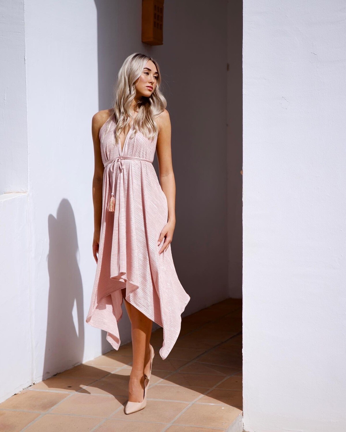 Athena dress in luxury soft pink stretch plisse with delicate sparkle - luxe limited edition
