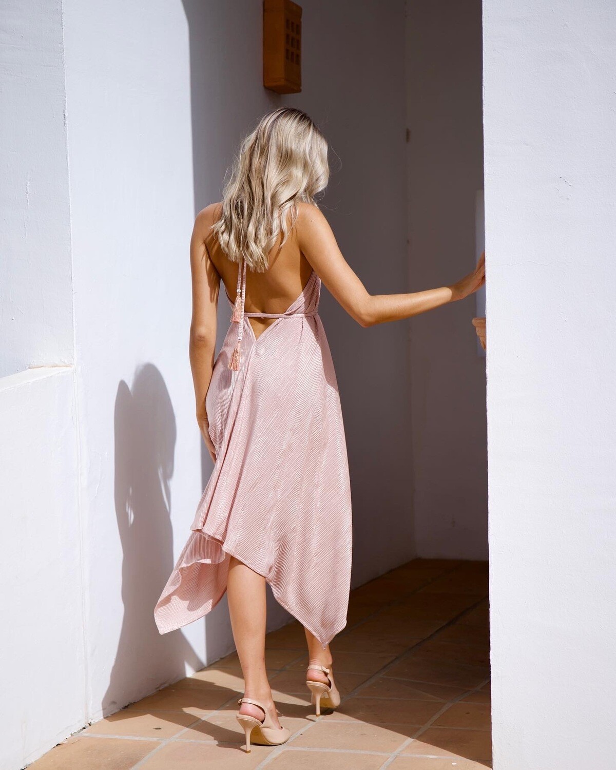 Athena dress in luxury soft pink stretch plisse with delicate sparkle - luxe limited edition
