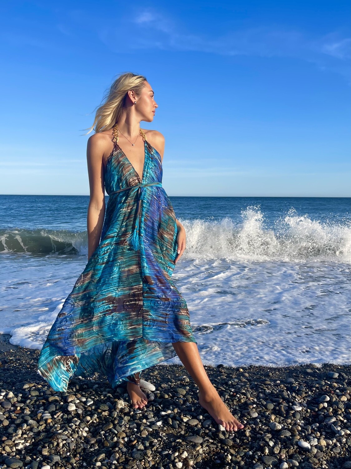 Athena hi-lo dress in luxury chiffon with chain detail. luxe limited edition