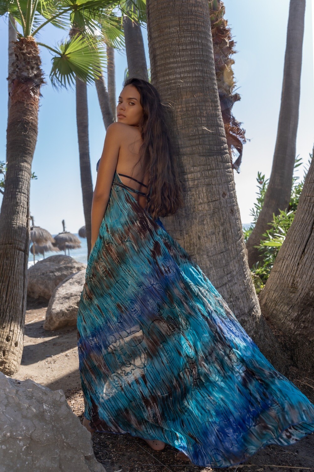 Athena hi-lo dress in luxury chiffon with chain detail. luxe limited edition