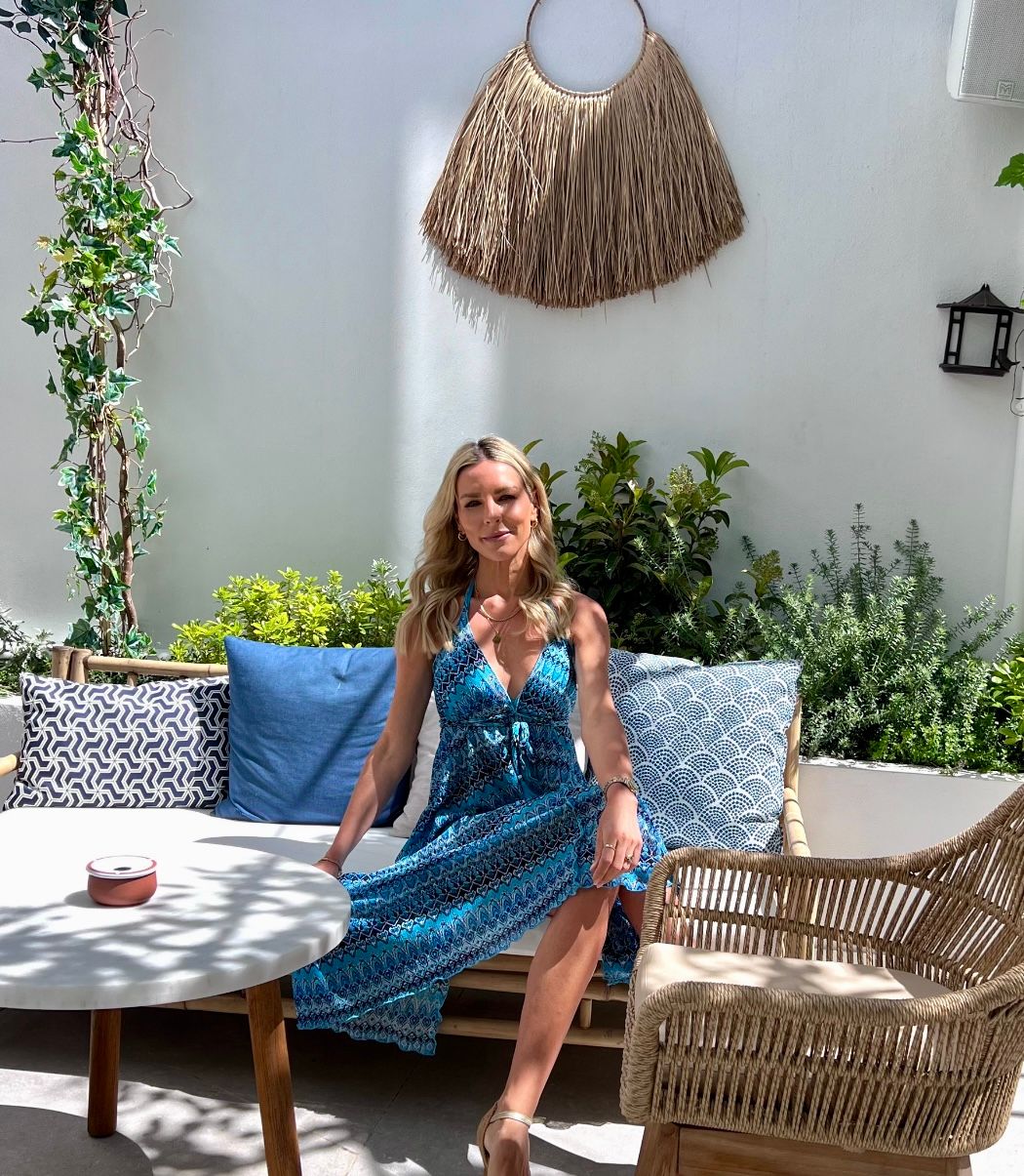Athena dress in luxury turquoise print knit fabric with wavy edge detailing- luxe limited edition