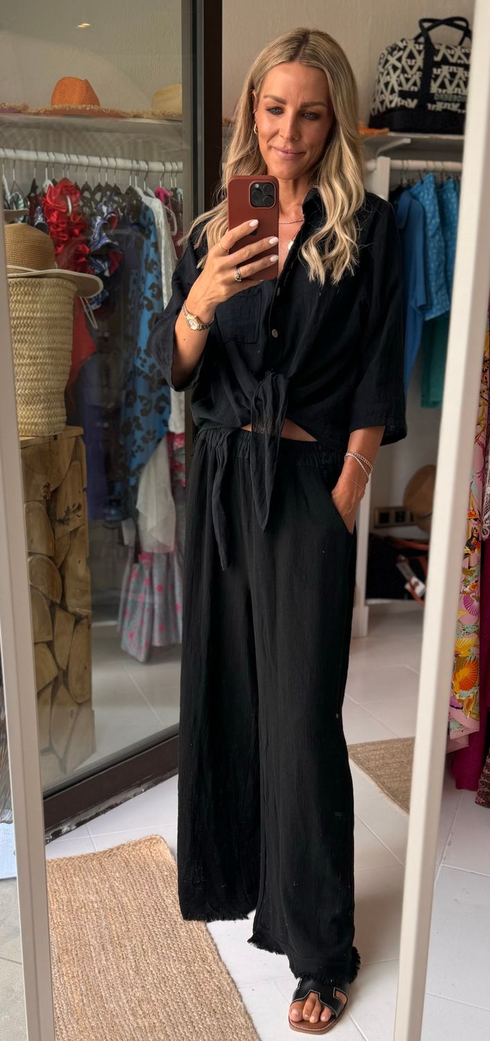 Luxury linen tie front shirt in Black
