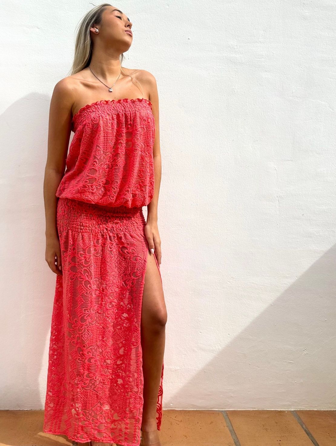 St Barts maxi dress in luxury coral  lace - luxe limited edition