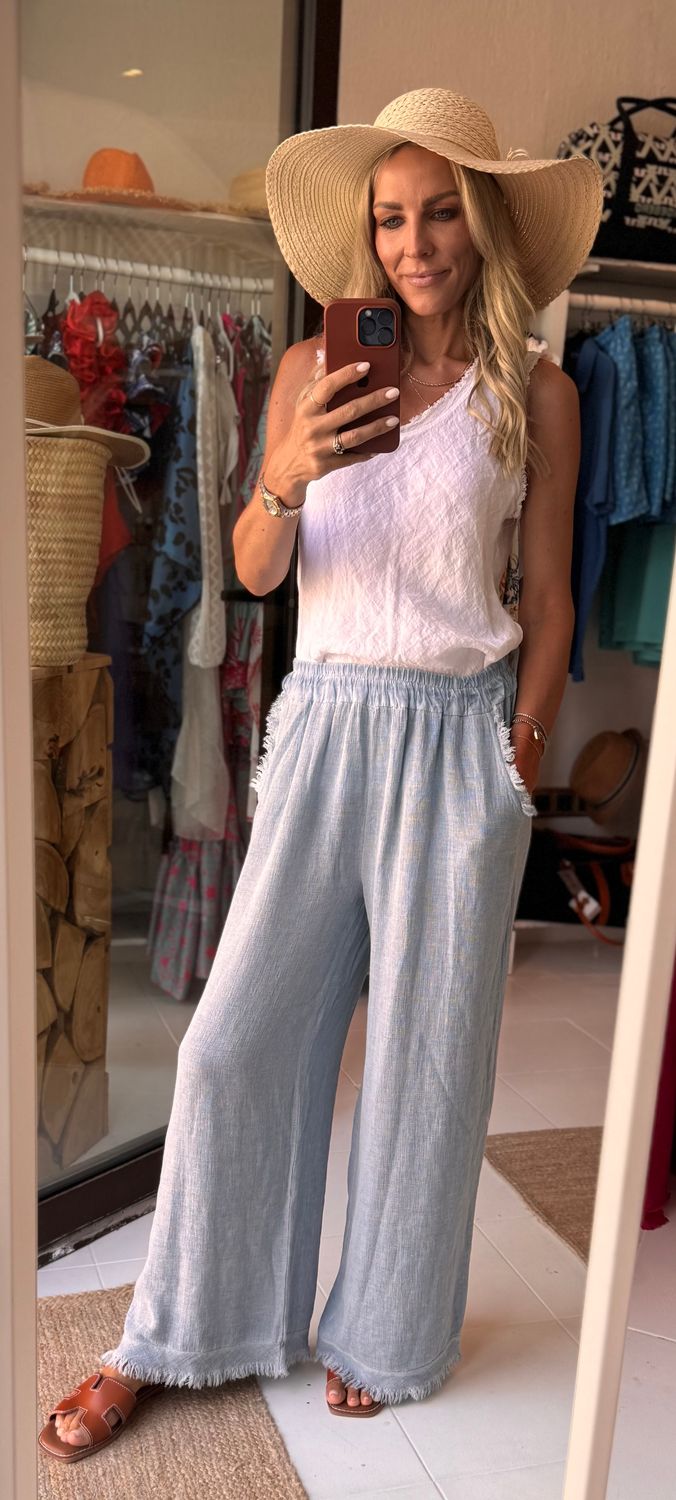 Luxury linen pants in Stonewash blue