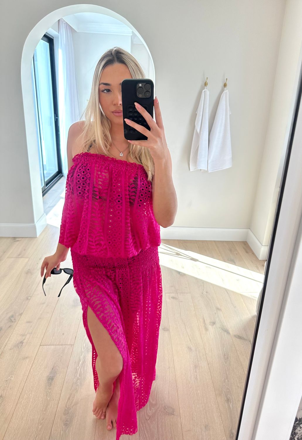 St Barts maxi dress in luxury hot pink lace - luxe limited edition