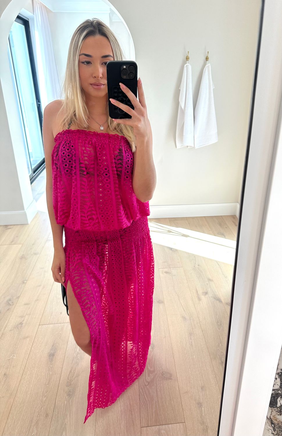 St Barts maxi dress in luxury hot pink lace - luxe limited edition