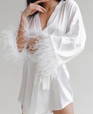 Feathered Sleeve White Satin Robe