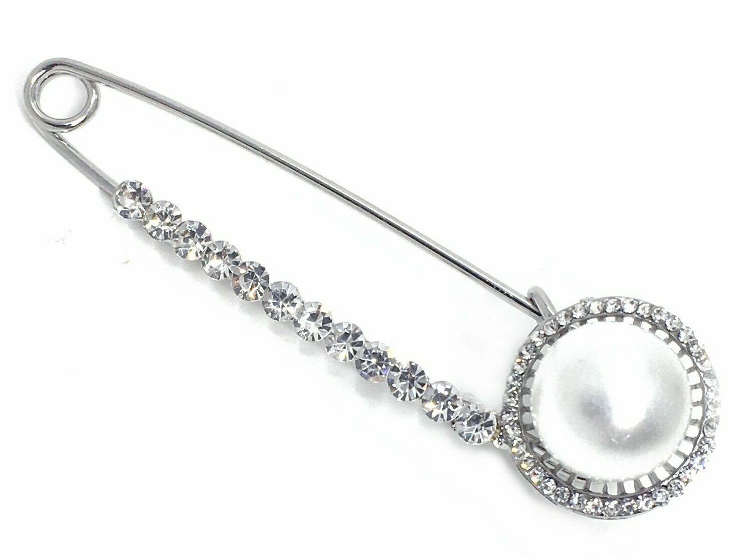 Brosche Anstecknadel Schalnadel  Perle und Strass silber 8cm