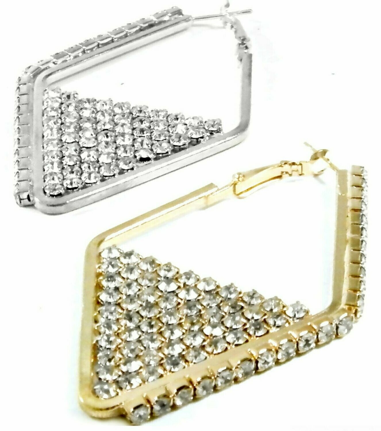 1Paar Creolen mit Strass in  Karoform 5cm lang Gold oder Silber