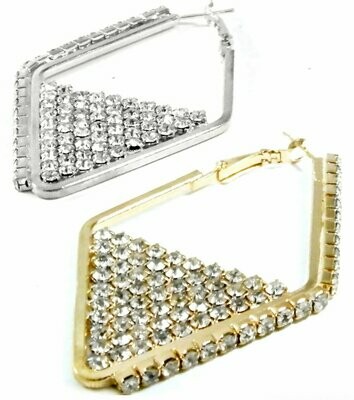 1Paar Creolen mit Strass in  Karoform 5cm lang Gold oder Silber