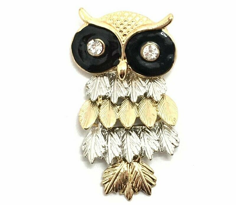 Brosche Anstecknadel Eule schwarz gold silber mit Strass 6cm Brosche Anstecknadel Eule schwarz gold silber mit Strass 6cm