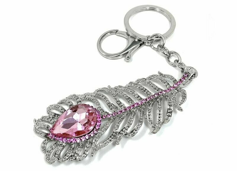 ​Taschenanhänger Schlüsselanhänger FEDER mit Strass in silberfarben.