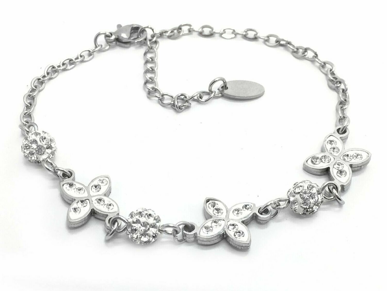Edelstahl Armband Blüte mit Strass Shamballa Kettchen Silber