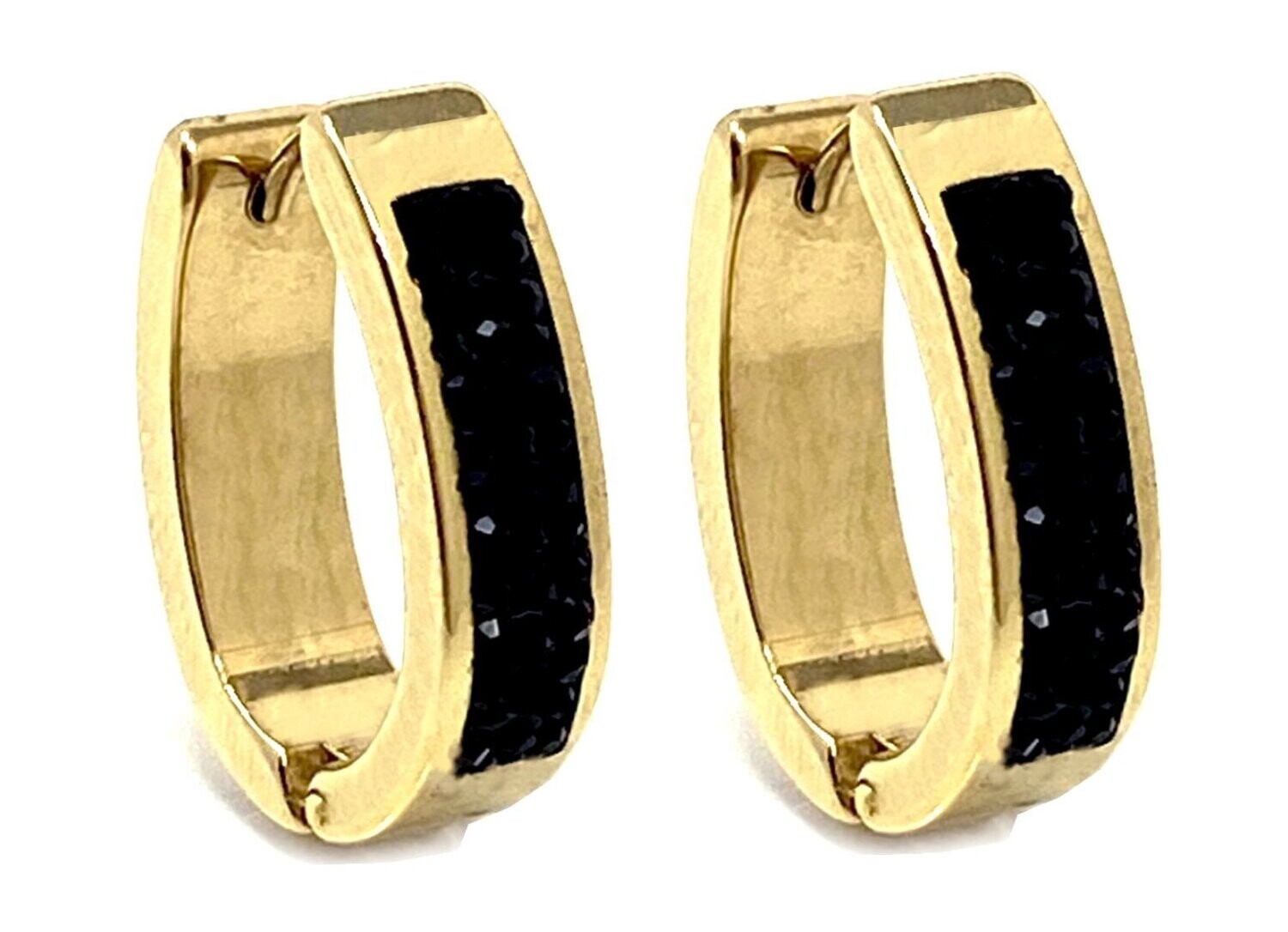 1 Paar Edelstahl Creolen Ohrringe oval mit schwarzem Strass 2cm echtvergoldet
