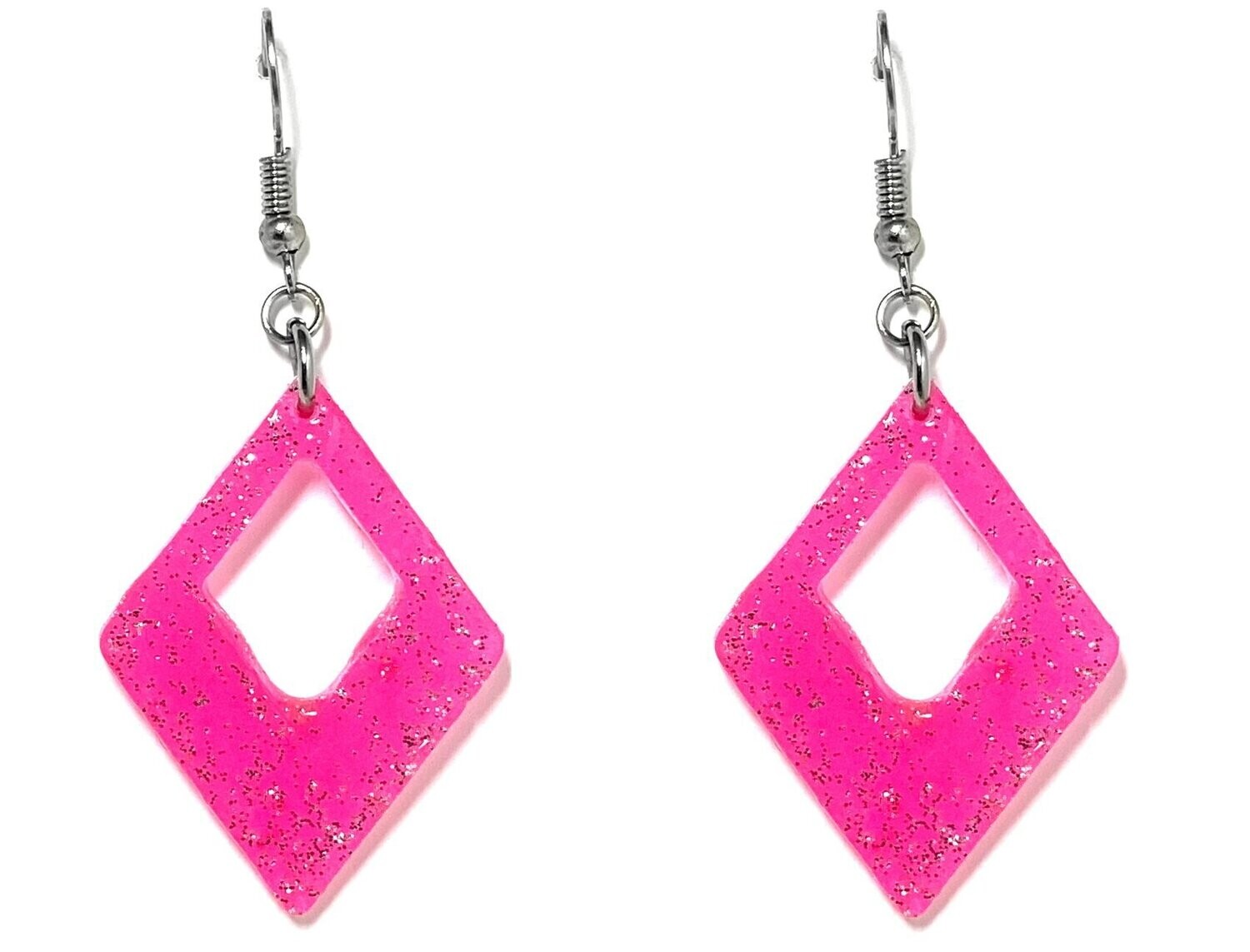 1 Paar Hänger Ohrringe in Neonfarben Karo mit Glitzer 6cm lang