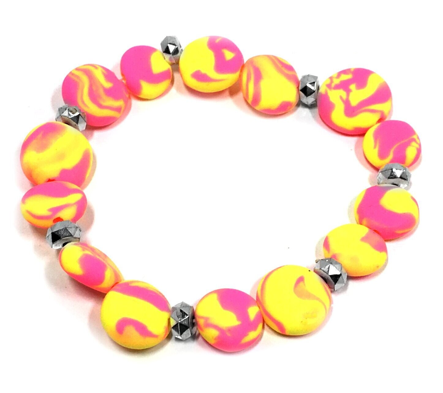 Armband in Neon gelb pink marmoriert Strech Handarbeit 1,5cm