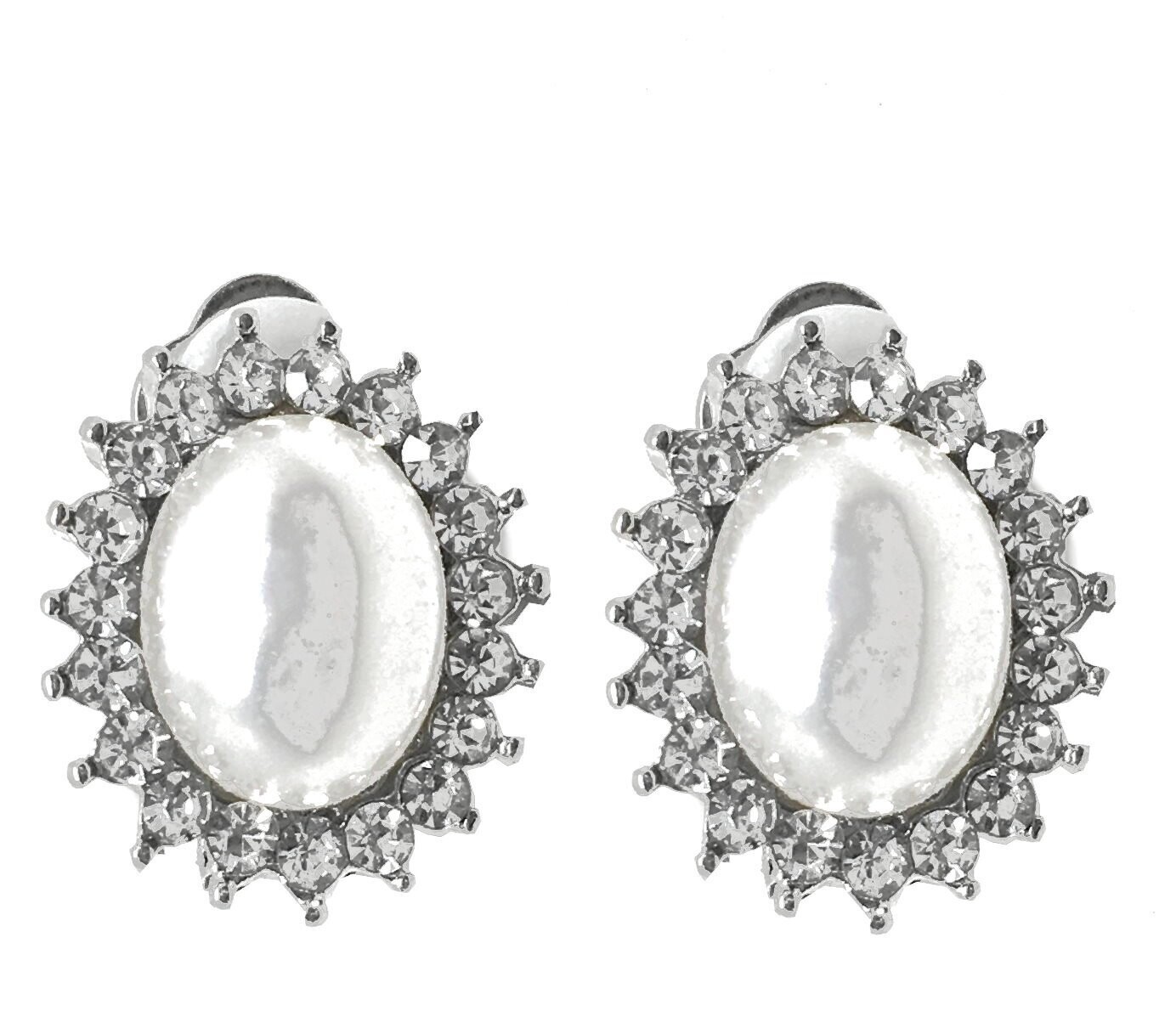 1Paar Ohrringe Clips oval mit Perle und Strass 2cm silber