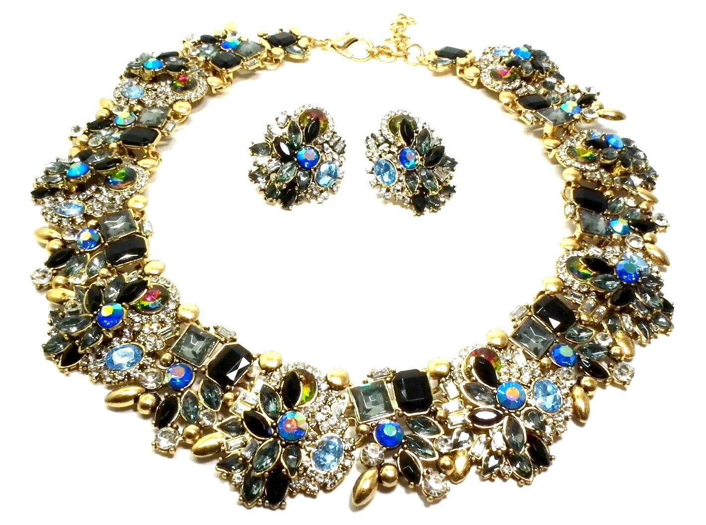 3teiliges Set Statement Halskette und Ohrringe mit buntem Strass