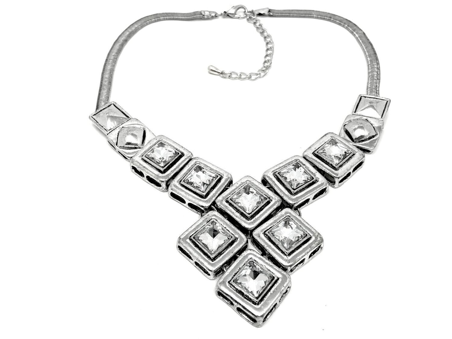 Modeschmuck Statement Halskette Cube mit Strass Silber 50cm