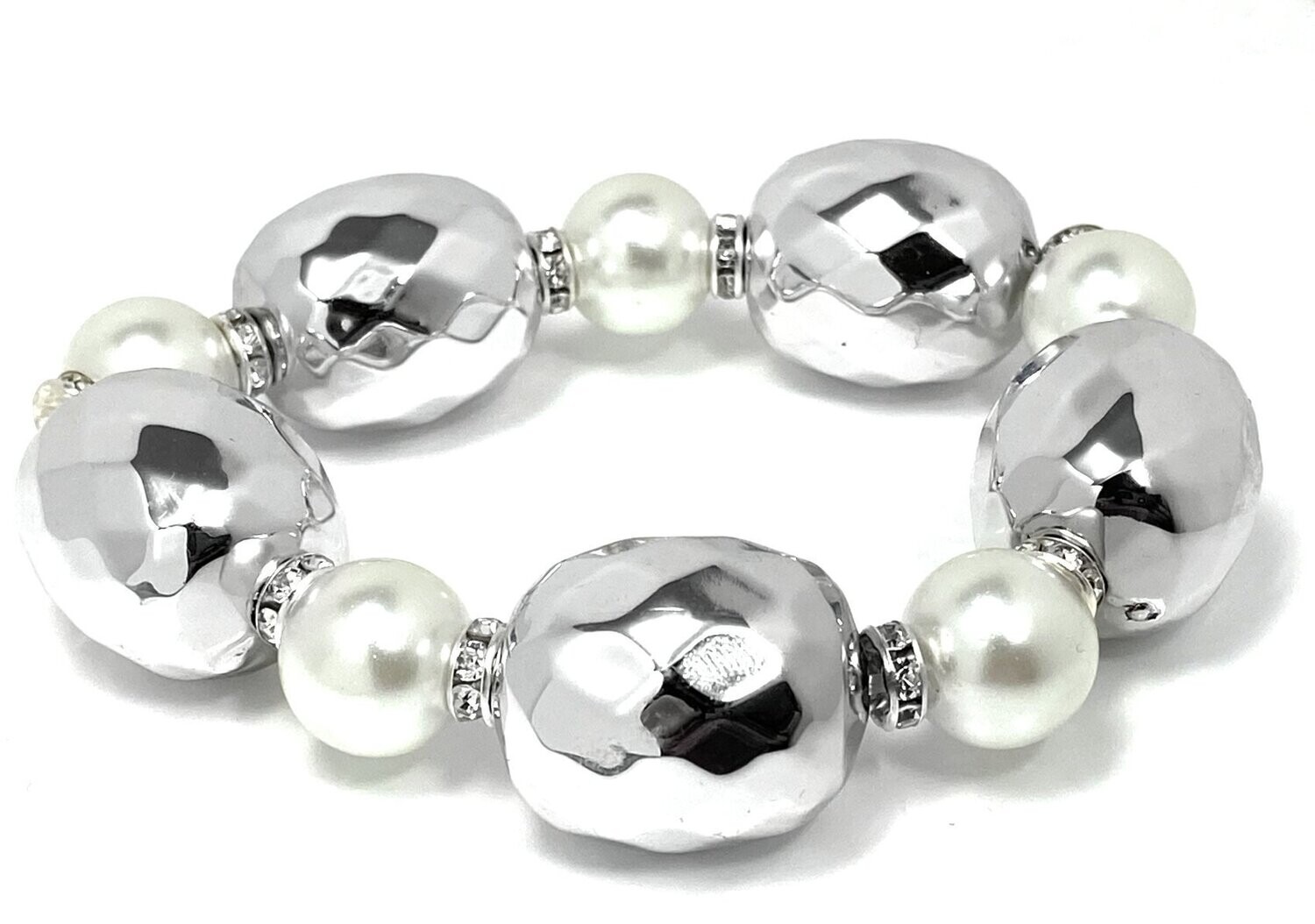 Statement Armband in silberfarben mit Perle Bohne und Strass Strech 2cm