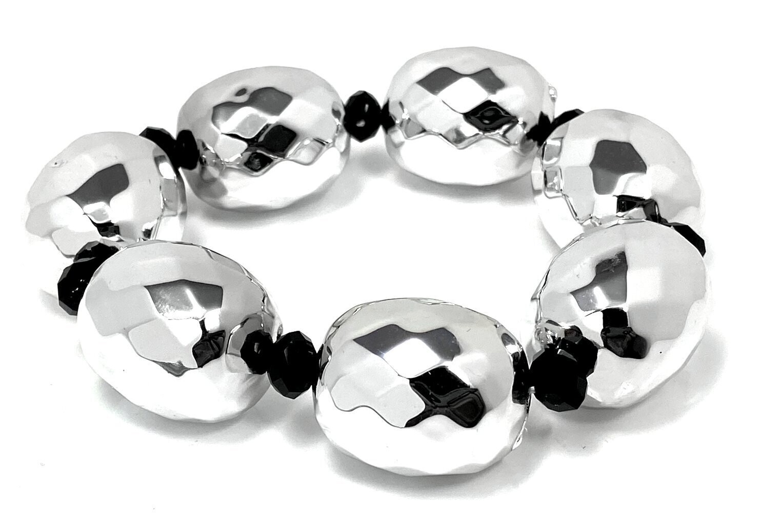 Statement Armband in silberfarben Bohne und schwarze Glitzerperlen Strech 2cm