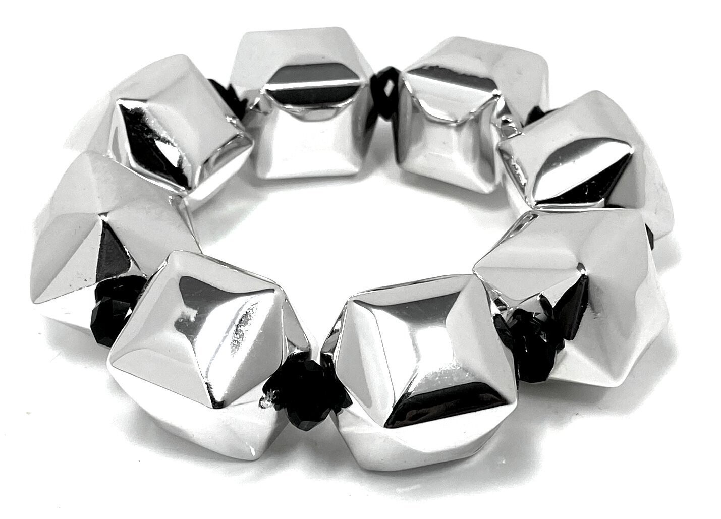 Statement Armband in silberfarben Quadrat und schwarze Glitzerperlen Strech 2cm