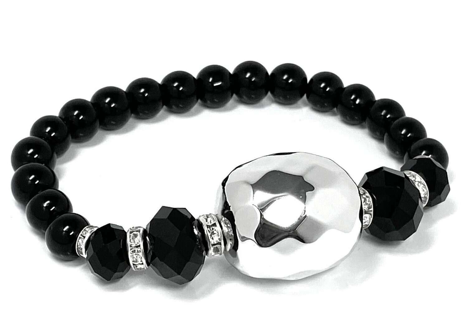 Modeschmuck Armband in silberfarben Bohne und schwarze Glitzerperlen Strech 2cm