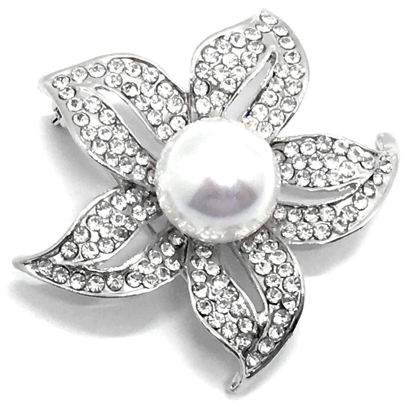 Brosche Anstecknadel Blüte silber mit Strass und Perle 5cm