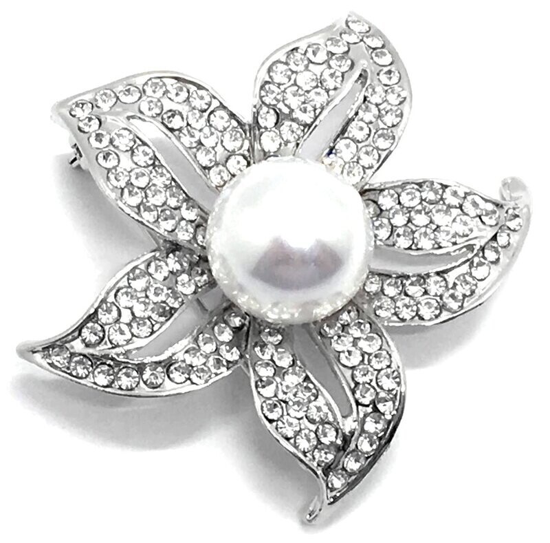 Brosche Anstecknadel Blüte silber mit Strass und Perle 5cm Brosche Anstecknadel Blüte silber mit Strass und Perle 5cm