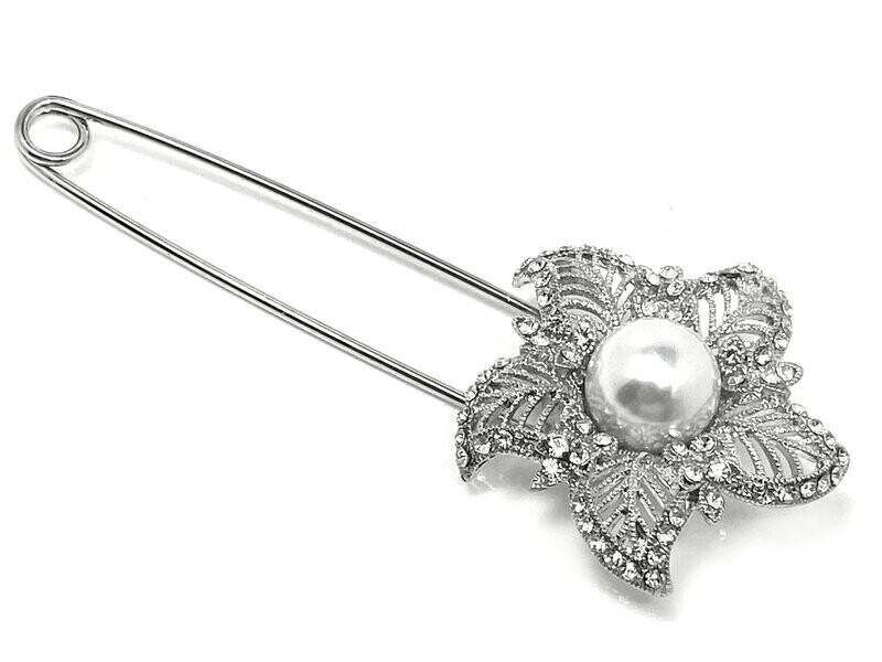 Brosche Anstecknadel Schalnadel filigrane Blüte mit Perle und Strass 8cm Brosche Anstecknadel Schalnadel filigrane Blüte mit Perle und Strass 8cm