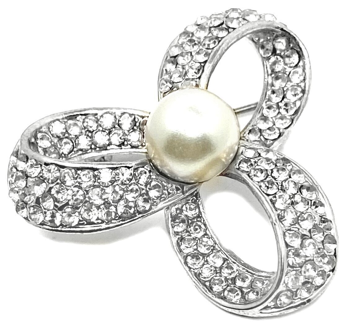 Brosche Anstecknadel Schalclip Schleife mit Perle und Strass 3,5cm Gold Silber