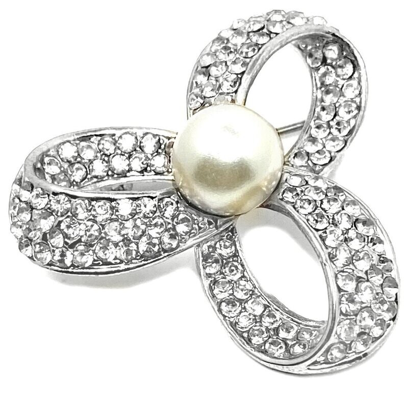Brosche Anstecknadel Schalclip Schleife mit Perle und Strass 3,5cm Gold Silber Brosche Anstecknadel Schalclip Schleife mit Perle und Strass 3,5cm Gold Silber