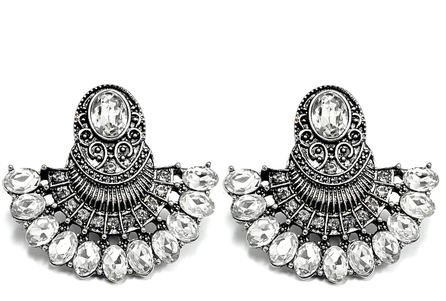 1 Paar Clips Ohrringe Fächer Oval Silber mit klarem Strass Ethno 3cm
