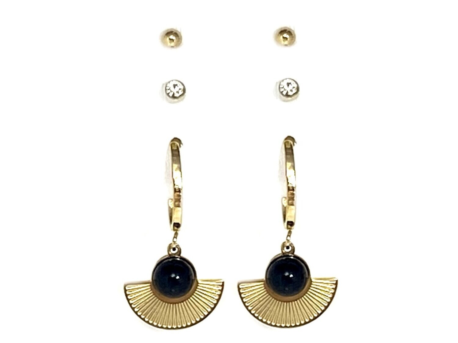6Teiliges Set Edelstahl Steckerohrringe halbe schwarze Perle und Strass 2,5cm