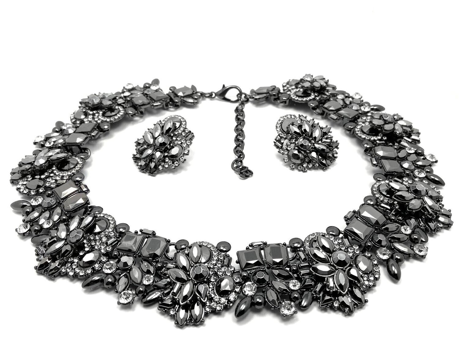 3teiliges Set Statement Halskette und Clips Ohrringe Silbergrau mit Strass 50cm