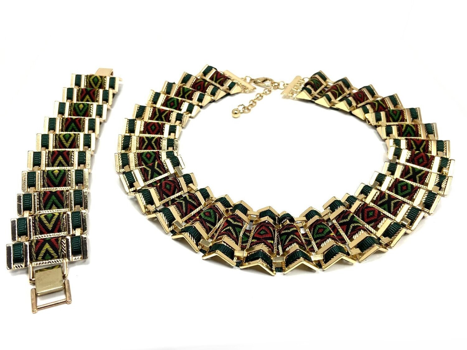 Modeschmuck Statement Set zickzack Queen Gold Bunt Halskette und Armband 45cm