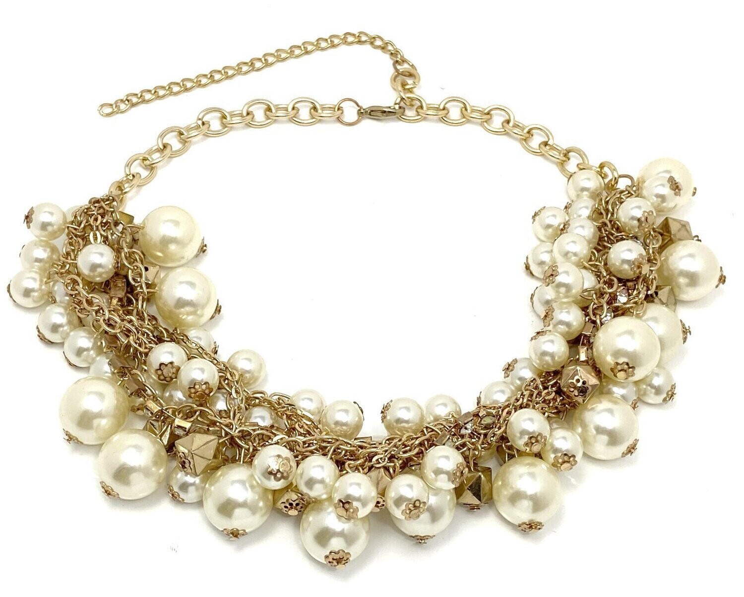 Modeschmuck Statement Halskette Perlen Gold Creme und Strass 45 - 50cm