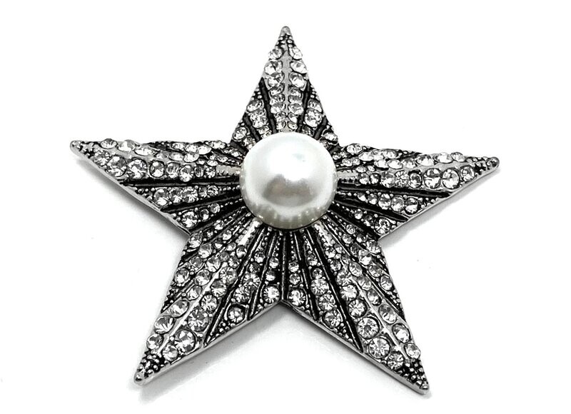 Brosche Schalclip Magnetclip Stern mit Perle und Strass Silber Schwarz 5cm Brosche Schalclip Magnetclip Stern mit Perle und Strass Silber Schwarz 5cm