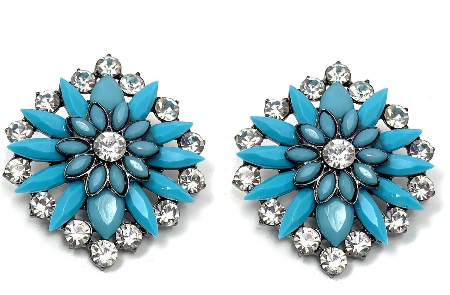1 Paar Statement Clips Ohrringe mit Strass Türkis Klar Grau Karo 4cm