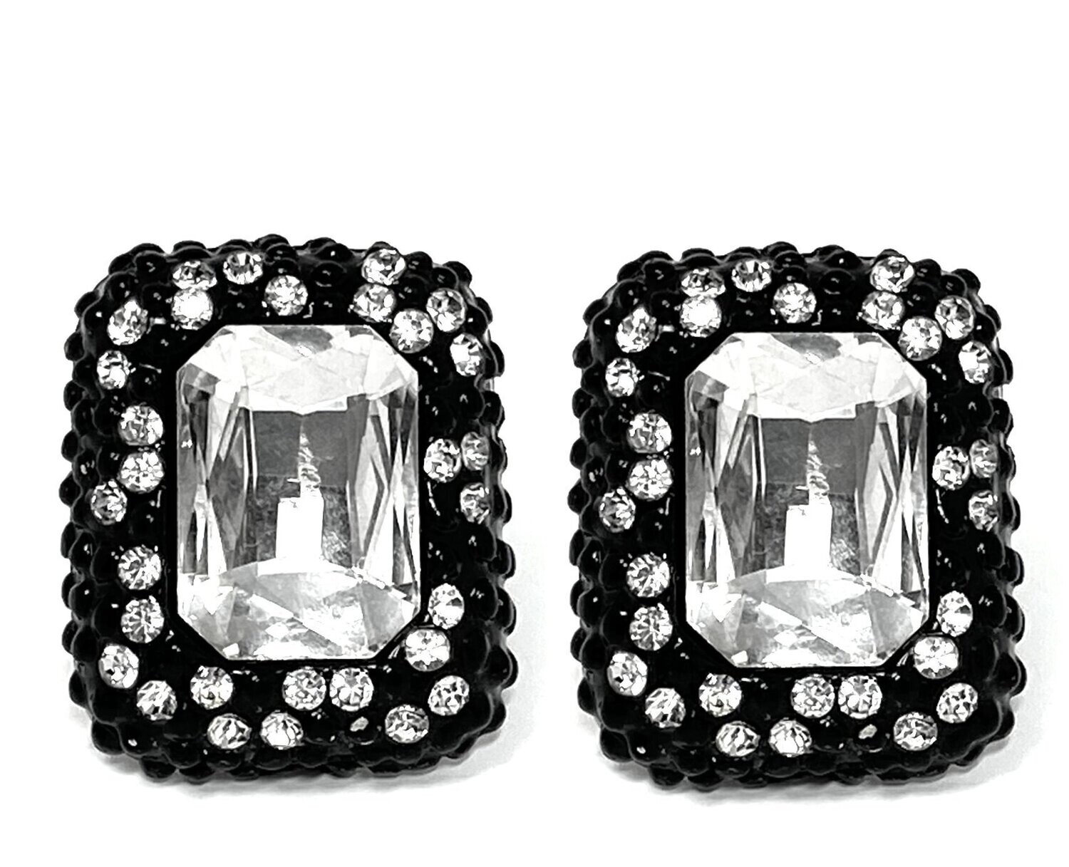 1 Paar Modeschmuck Clips Ohrringe Rechteck Schwarz mit großem Strass 3cm