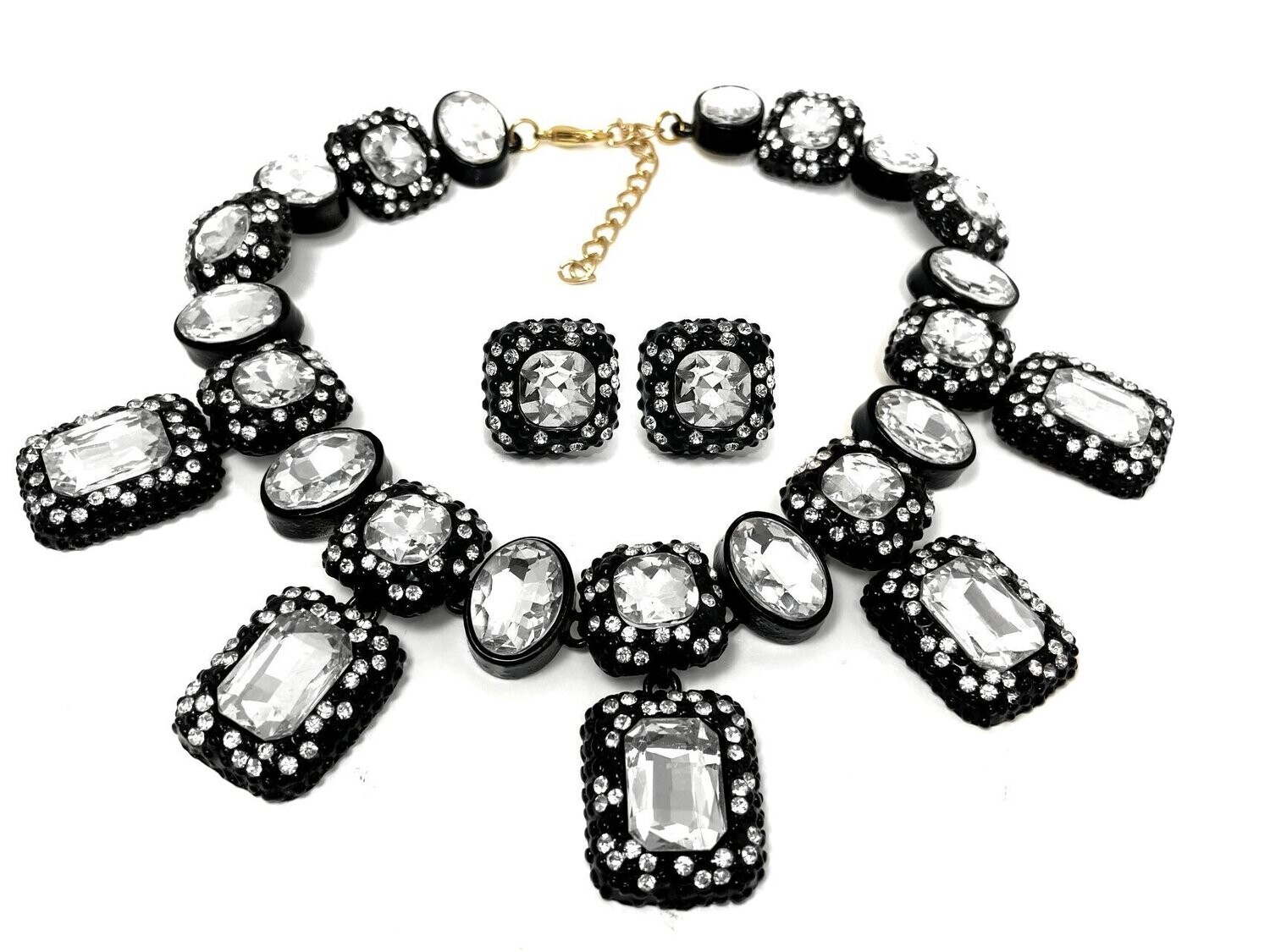 3teiliges Set Statement Halskette und Ohrclips Schwarz Gold mit Strass 50cm